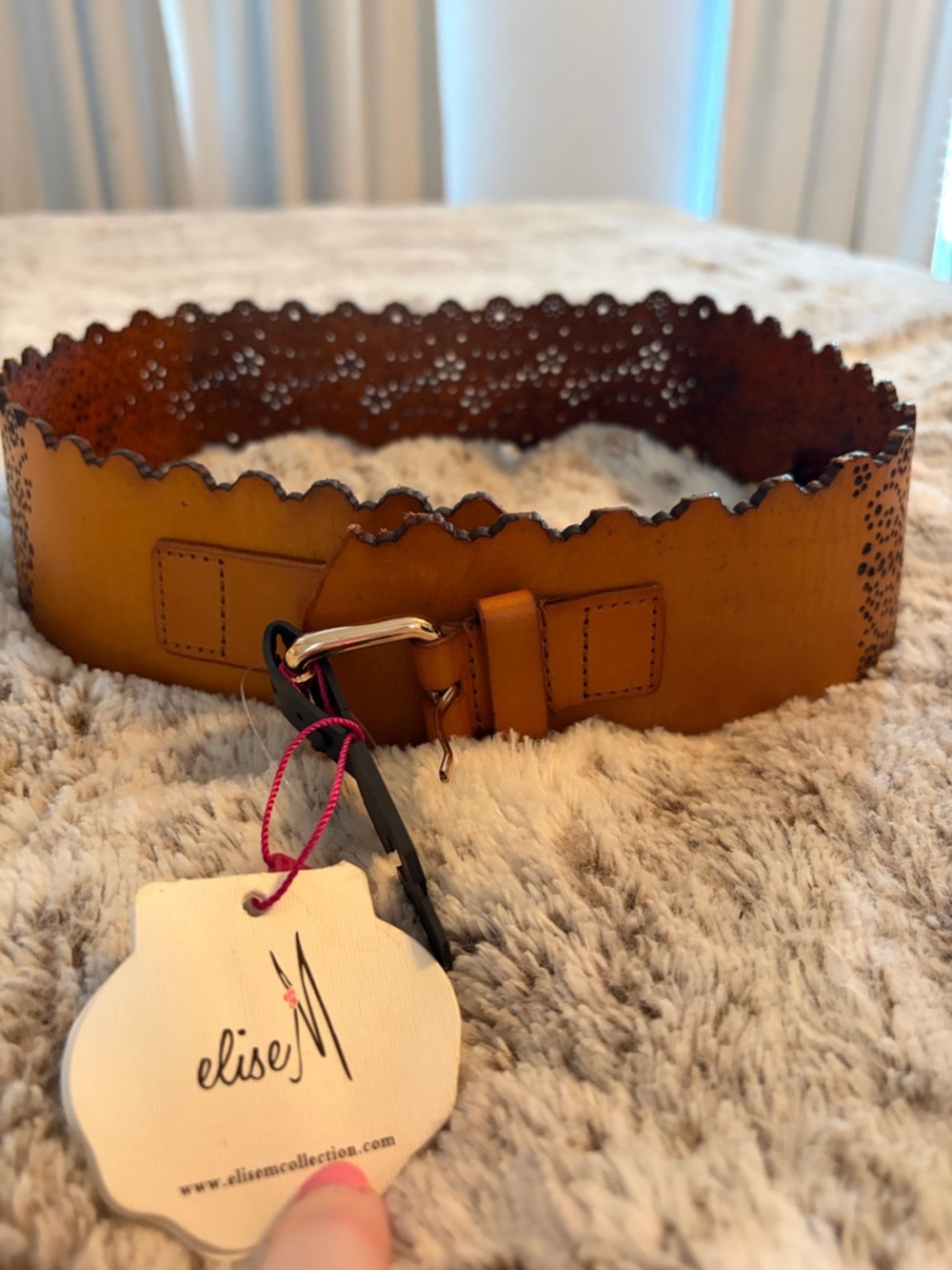 Nwt Laser-cut Wide Scalloped Brown Leather Belt w/ Gold Buckle by Elise M/L